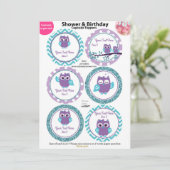 Paarse Uil met Blauwgroen Cupcake Toppers, Baby sh Kaart (Staand voorkant)