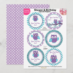 Paarse Uil met Blauwgroen Cupcake Toppers, Baby sh Kaart