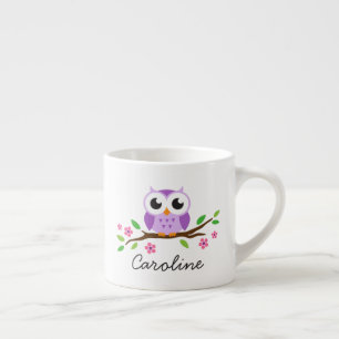 Paarse uil op tak met persoonlijke naam espresso kop