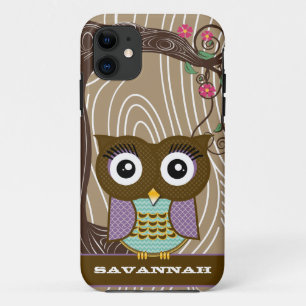 Paarse Uil Wood Grain Tree Zig Zag Kies Kleuren iPhone 11 Hoesje