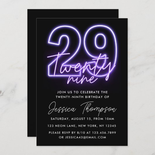 Paarse uitnodiging op 29e verjaardag van Neon (Voorkant / Achterkant)