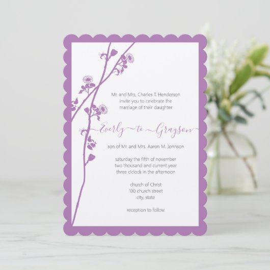 Paarse uitnodiging tot inschrijving op bruiloft in (Staand voorkant)