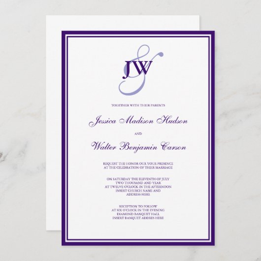 Paarse uitnodiging tot monogram (Voorkant / Achterkant)