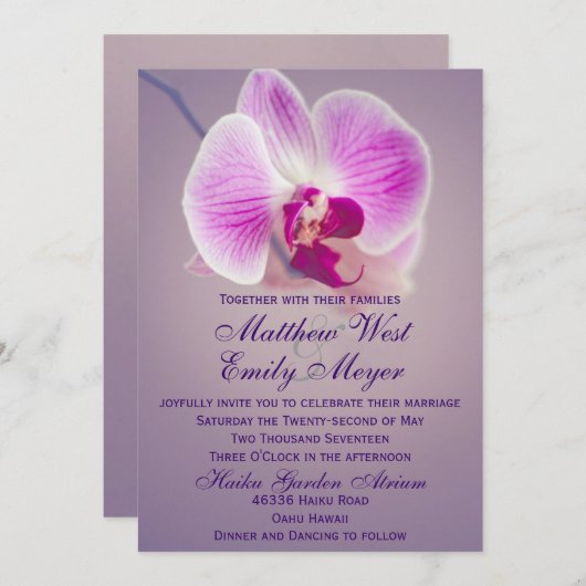 Paarse uitnodiging tot weddenschap met een orchide (Voorkant / Achterkant)