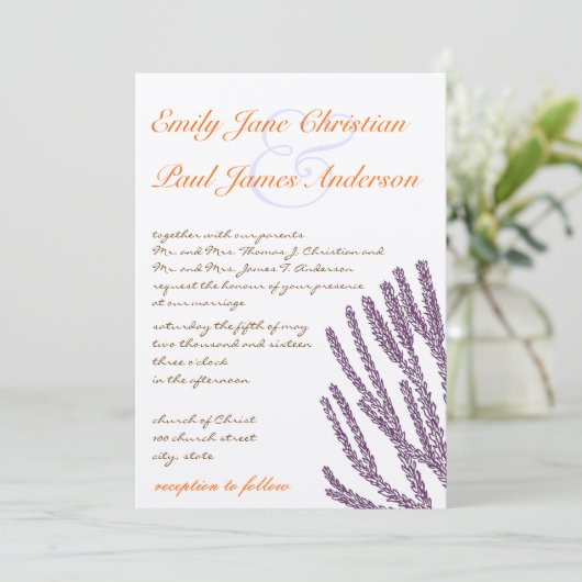 Paarse uitnodiging tot weddenschap met Wilde Flowe (Staand voorkant)