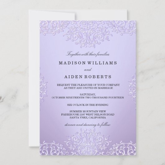 Paarse  uitnodiging tot weduwschap over Damask (Voorkant)