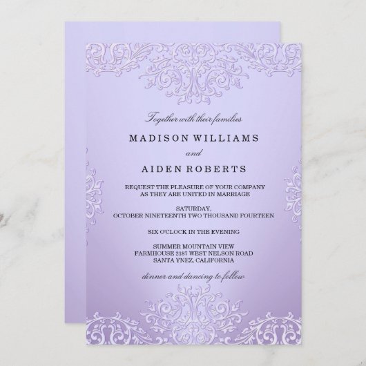 Paarse  uitnodiging tot weduwschap over Damask (Voorkant / Achterkant)