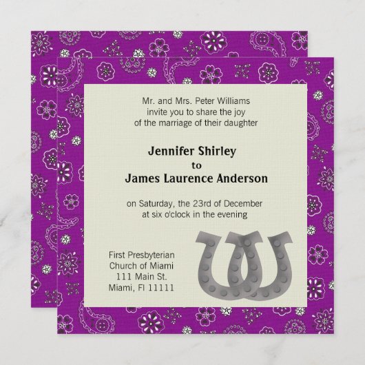 Paarse uitnodiging tot Westerne bruiloft (Voorkant / Achterkant)