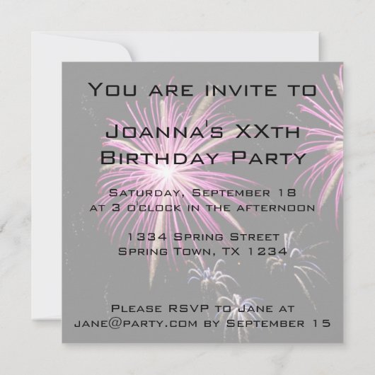 Paarse uitnodiging van het Vuurvuurwerk (Achterkant)