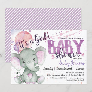 Paarse uitnodiging voor Baby shower Elephant