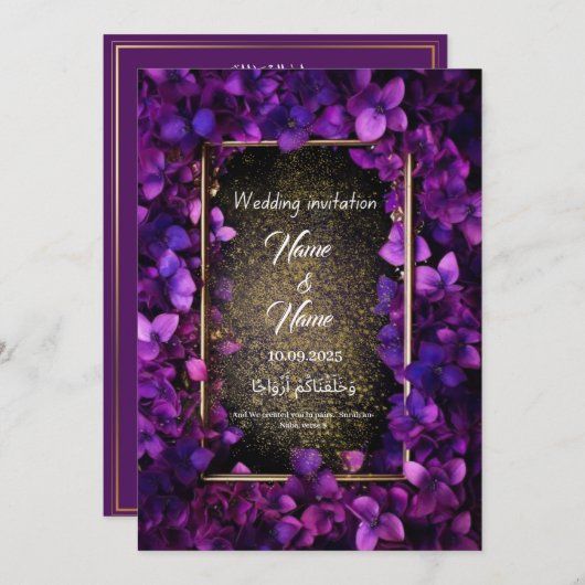 Paarse uitnodiging voor een bruiloft (Voorkant / Achterkant)