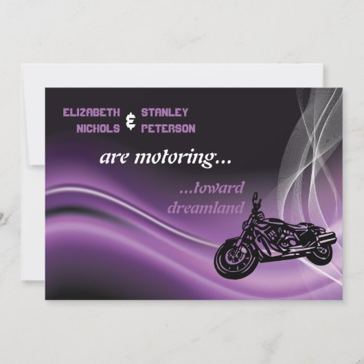 Paarse uitnodiging voor een bruiloft met motorfiet (Voorkant)
