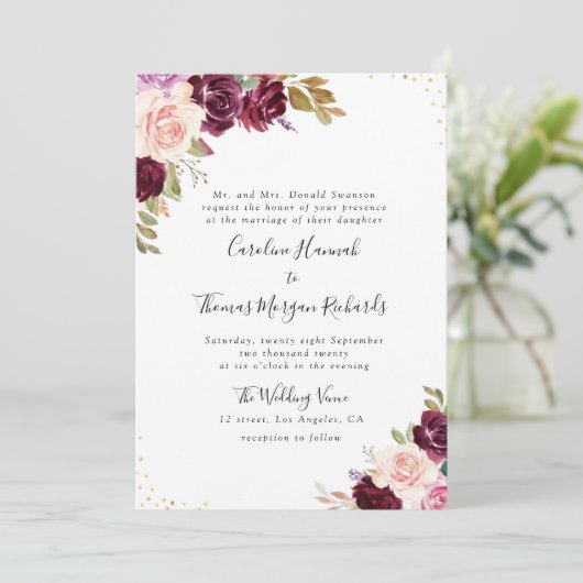 paarse uitnodiging voor een trouwe bruiloft (Staand voorkant)