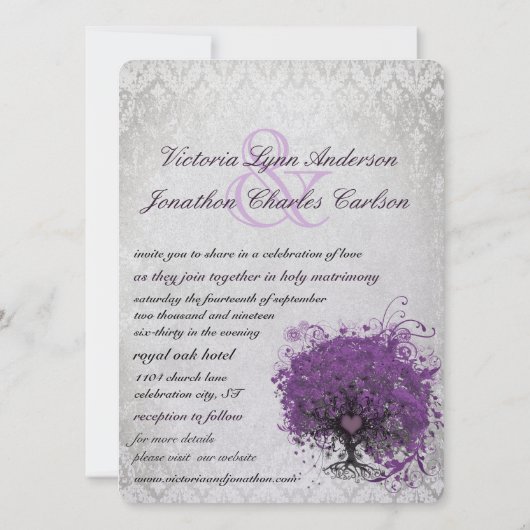 Paarse uitvindingen van het heart Leaf Tree Weddin Kaart (Achterkant)