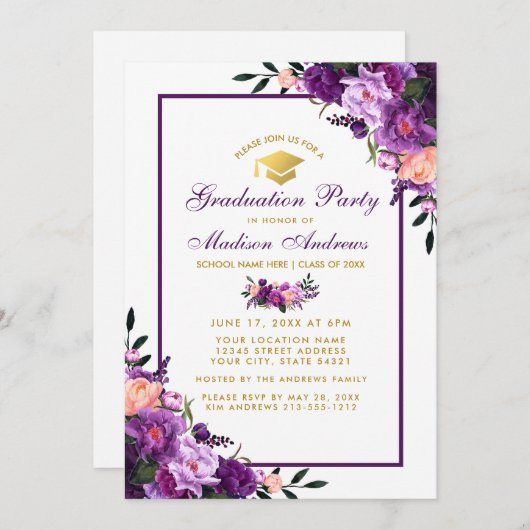 Paarse Ultra Violet Graduation Party Invite PF Kaart (Voorkant / Achterkant)