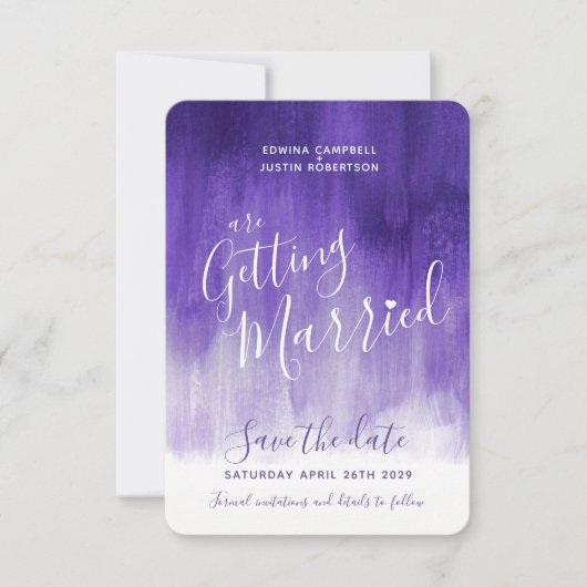 Paarse ultraviolette moderne kunst met de prentbri save the date (Voorkant)