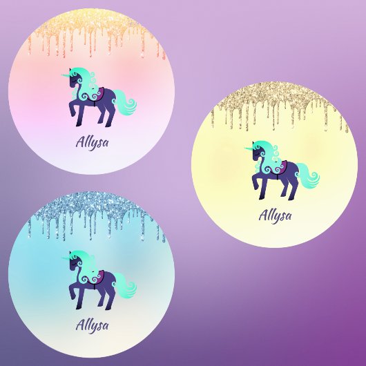 Paarse Unicorn met Faux Glitter op Pastels Labels