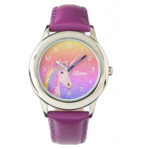 Paarse Unicorn Rainbow Glitter Gepersonaliseerd Horloge