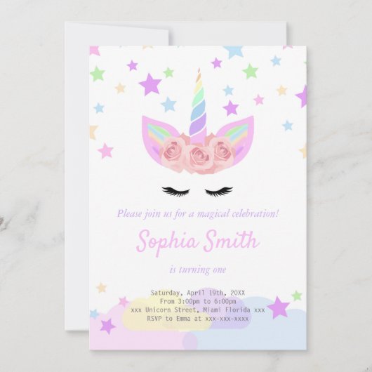 Paarse unicorn verjaardagsuitnodiging kaart (Voorkant)