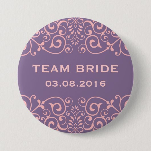Paarse Victoriaans Floral Swirl Team Bride Button (Voorkant)