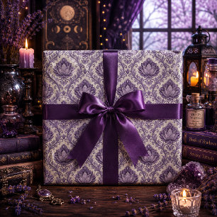 Paarse Vintage Damast Met Sierlijk Bloemmotief Cadeaupapier