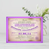 Paarse vintage huwelijksuitnodigingen - tickets kaart (Staand voorkant)