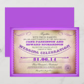 Paarse vintage huwelijksuitnodigingen - tickets kaart (Voorkant / Achterkant)