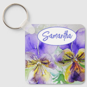 Paarse Viola Floral bloemen Waterverf Schilderen Sleutelhanger