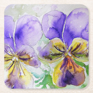 Paarse Viola Floral bloemen Waterverf Schilting Gl Vierkante Kartonnen Onderzetter