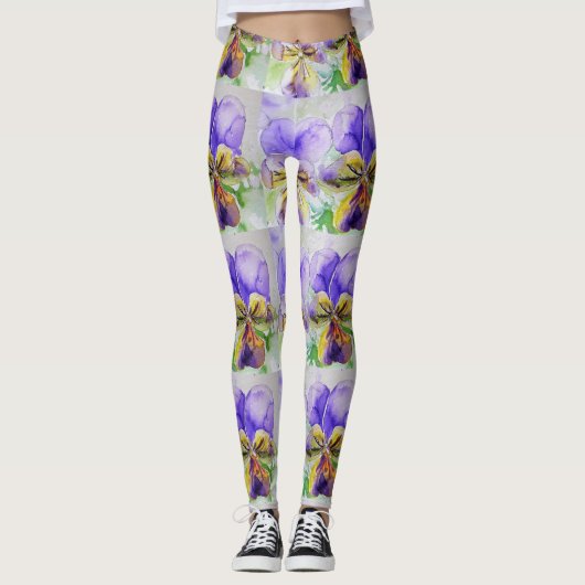 Paarse Viola Floral Waterverf Leggings (Voorkant)