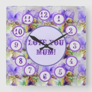 Paarse Viola Waterverf Floral Acrylwand Vierkante Klok