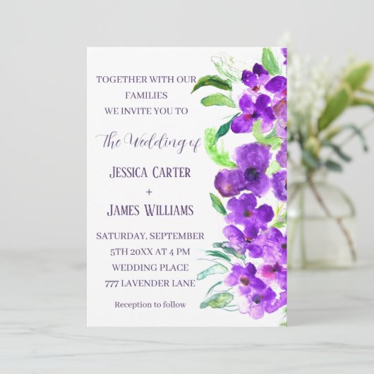 Paarse Violet Bloemen Boho Zomer Bruiloft Kaart (Staand voorkant)