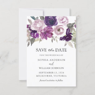 Paarse Violet Floral Waterverf Wedding Save The Date
