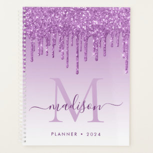 Paarse Violet Glitter Drips Girly Monogram 2021 Planner