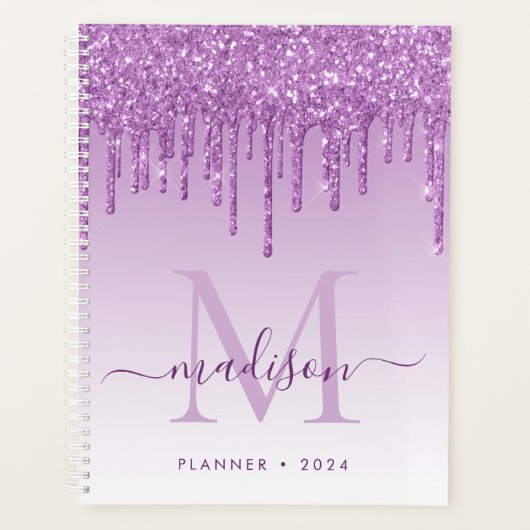 Paarse Violet Glitter Drips Girly Monogram 2021 Planner (Voorkant)