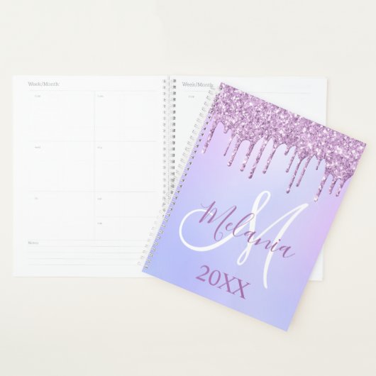 Paarse Violet Glitter Drips Girly Monogram 2025 Planner (Display)