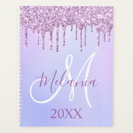 Paarse Violet Glitter Drips Girly Monogram 2025 Planner (Voorkant)