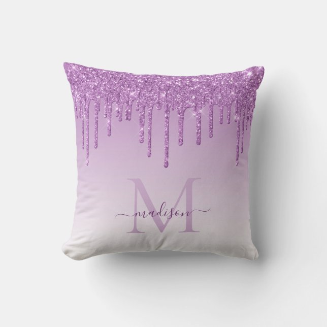 Paarse Violet Glitter Drips Glam Monogram Script Kussen (Voorkant)