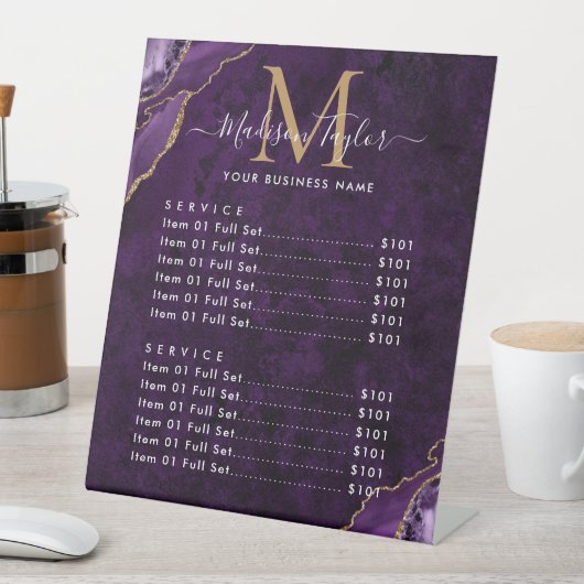 Paarse Violet Gold Glitter Agaat Marmer Monogram Reclamebord Met Voetstuk (Insitu)