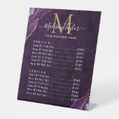 Paarse Violet Gold Glitter Agaat Marmer Monogram Reclamebord Met Voetstuk (Voorkant)
