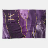 Paarse Violet Gold Glitter Geode Marmeren Monogram Theedoek (Horizontaal)