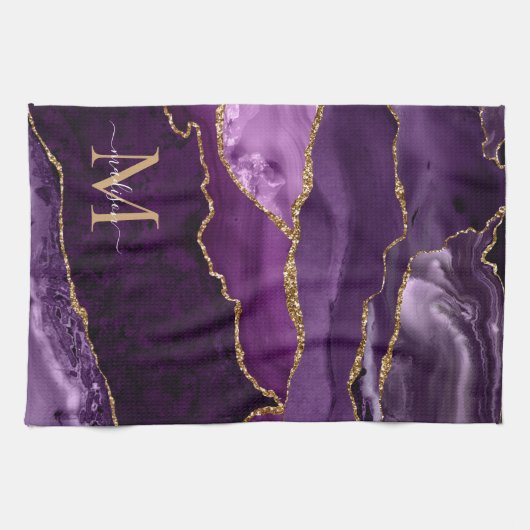 Paarse Violet Gold Glitter Geode Marmeren Monogram Theedoek (Horizontaal)