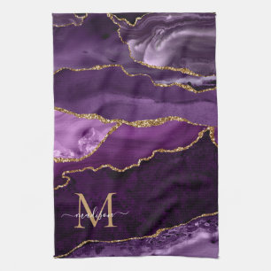 Paarse Violet Gold Glitter Geode Marmeren Monogram Theedoek
