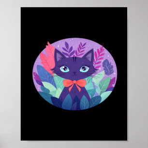 Paarse Violet Kat Digitale Kawaii Kunst Sticker  Poster
