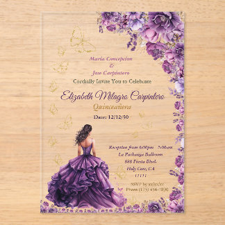 Paarse Violet Lila Lavendel Mauve Quinceañera Acryl Uitnodigingen