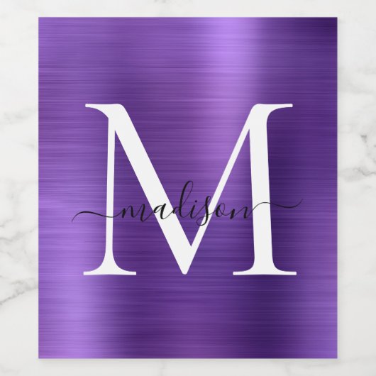 Paarse Violet Monogram Girly Script Metallic Steel Wijn Etiket (Enkel label)