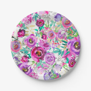 Paarse Violet Roze Kleurrijk Modern Bloemenpatroon Papieren Bordje