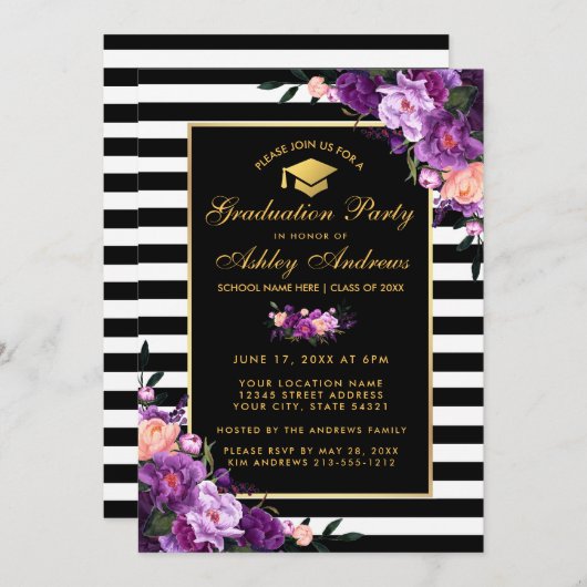 Paarse Violet Striped Graduparty uitnodigen Kaart (Voorkant / Achterkant)