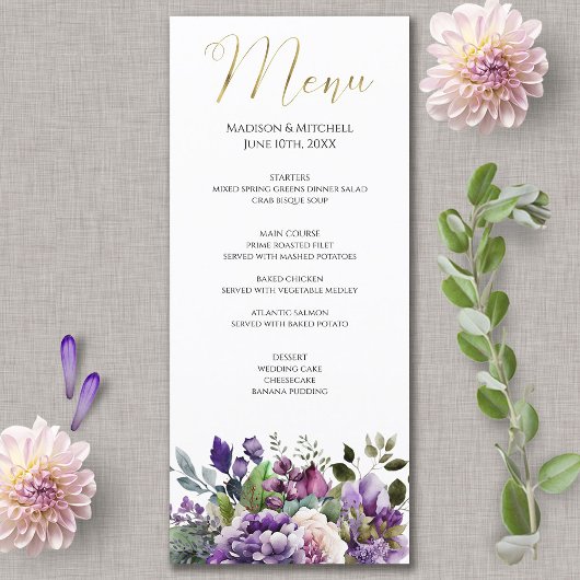 Paarse Violet Waterverf Boeket Gold Script Menu
