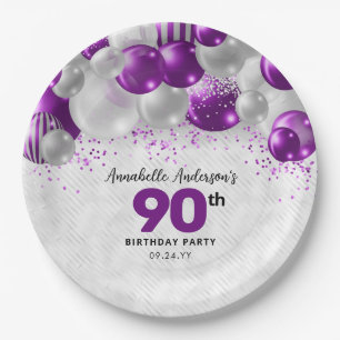 Paarse Violet Zilveren Ballon Glitter 90ste Verjaa Papieren Bordje